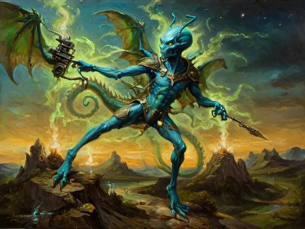 Prompt: Sophisticated scene with an anthropomorphic alien figure, ethereal and unnervingly graceful, gliding through, extra-jointed limbs,  Dragon’s Blunderbuss with mystical blue-green luciferin energy deliberate and artful interactions, poised, effortless authority, showcasing a world where art, magic, and machinery converge with savoir-faire.