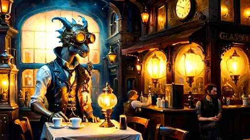 Prompt: A steampunk fantasy market square at dawn, filled with the warm glow of gaslight from antique lanterns casting soft light on cobblestone streets and shopfronts. The air is thick with mist and steam, creating an ethereal atmosphere. In the center stands 'Drag’n Mondays,' a coffee bistro adorned with ornate bronze and copper gears and pipes. Inside, antique carafes glisten in the early light. Felix, wearing a leather vest and brass-tinted Doc Martens, adjusts his brass goggles, glowing softly in the gaslight. Above, a translucent blue and copper spectral dragon hovers gracefully, breathing glowing mist as it serves coffee. Bioluminescent luciferin flowers dot the square, their soft glow mixing with pastel mists and warm hues. The scene is bathed in chiaroscuro lighting, creating dreamy depth and a magical, harmonious blend of fantasy and steampunk.