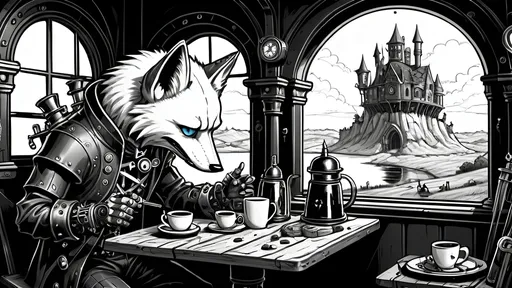 Prompt: Illustrate a dramatic steampunkesque and gothic scene Incorporating a table view dawn coffee break where the characters are enjoying along with crumpets featuring an epic trebuchet and four anthropomorphic blue fox adventurers at dawn. The setting is a dark, shadowed landscape with Dracula's fortress looming ominously in the distance. 

The scene includes:
- **Sebastian:** The sage leader, exuding wisdom and confidence.
- **Alistair:** The sharpshooter, holding a steampunk-style rifle.
- **Finnegan:** The inquisitive engineer, tinkering with the trebuchet mechanisms.
- **Cedric:** The calm medic, ready with a medical kit.

Incorporate a dawn coffee break where the characters are enjoying coffee with an ornately designed steampunkesque mechanical coffee maker and an exquisite carafe, along with crumpets.

The mood is suspenseful, heroic, and atmospheric, blending steampunkesque ingenuity with gothic horror elements. The trebuchet is the focal point, appearing three-dimensional and intricately detailed. The background features towering battlements, ancient castle walls, and eerie atmospheric elements like bizarre bats and shadowy landscapes.

The overall tone should be dark and adventurous, with detailed textures such as rusted metal, worn wood, and fur. The lighting should highlight the glimmering steampunk machinery, the dawn light, and the tense expressions of the characters, creating a cohesive and visually stunning scene."
