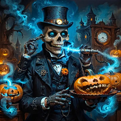 Prompt: Anthropomorphic
Strigoi toil away
Steampunkesque, sentient
technologically apt
Blunderbuss muzzle flashes
eschatologically 
By augury's hue
Strigoi tendrils hued neon
Unfurling their dread
In machinist gloom
Electric azure punctuates
Phantasmagoric
Intricately carved pumpkins
Chiaroscuro's embrace
Amidst gourd carved lantern woe
Rusty spires ascend
Mist enshrouds ephemeral
Realms straddle and scream
Vibrant hues collide
Spectral visages convulse
Enigmatic dread