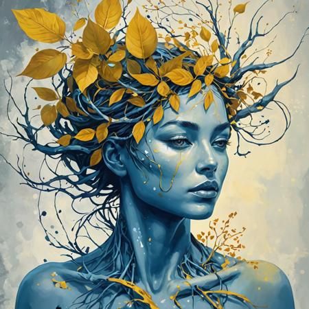 Prompt: A human-nature hybrid figure with branches growing from their head and leaves intertwining with their hair. The figure is set against a desaturated background, with vibrant yellow and blue colors highlighting their connection to nature. Elements of surrealism and magical realism blend together to create a sense of fantasy and intrigue. The composition is balanced, with a central focus on the figure. Detailed facial features in contrast with the fantastical nature elements, emphasizing the fusion of human and natural. The paint splatters and drips add a dynamic and organic feel to the artwork, echoing the theme of growth and transformation. This digital art portrays the unity of humanity and nature, exploring ecological consciousness and mythological connections.