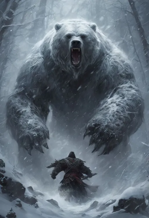 Prompt: Monstrous blizzard with the fierce face of a bear, engulfed in whiteout conditions, swirling snow, and buffeting winds. Cinematic, mysterious, sinister, scary, wild, deadly, and beastly. A nightmarish masterpiece.