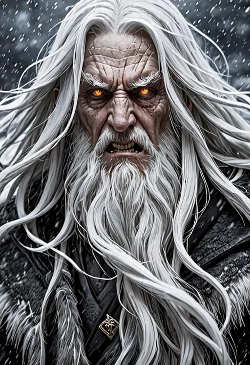 Prompt: anime, the monstrous blizzard has the face of an old crone, long white hair, whiteout, swirling snow, buffeting winds. cinematic, mysterious, sinister, terrifying, wild, deadly, beastly, snarling.  Cinematic, nightmare, dark winter, masterpiece