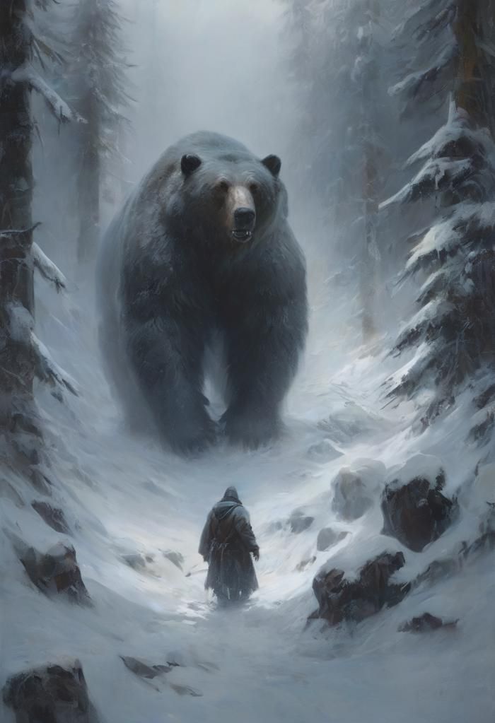 Prompt: - Medium: Digital Art - Subject: A confrontation between a large bear and a human figure in a snowy landscape - Scene: Snowy forest environment with a sense of action or impending conflict - Style: Realistic with fantastical elements - Artistic Influence: Fantasy art with a possible inspiration from epic storytelling or role-playing games - Website: Not applicable - Resolution: High-resolution image - Additional Details: The bear is depicted with exaggerated size and features, adding to the fantastical nature of the image - Color: Monochromatic and cold color palette dominated by blues and whites - Lighting: Overcast, diffused lighting with a focus on the bear and the human figure, suggesting a gloomy or ominous atmosphere