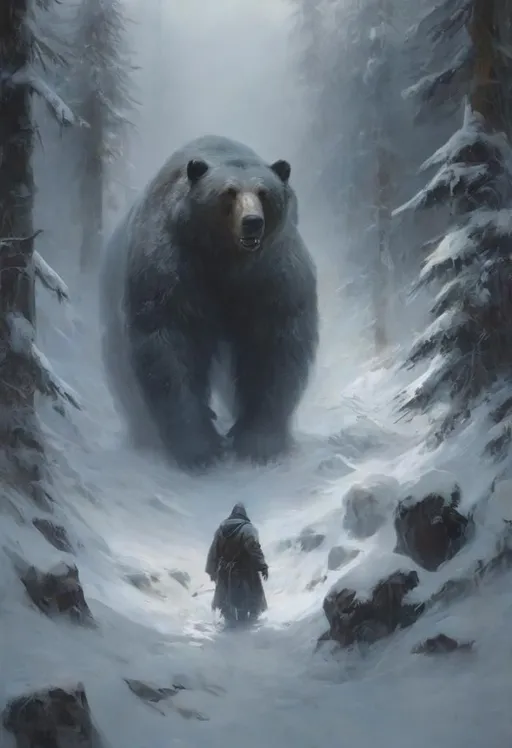 Prompt: - Medium: Digital Art - Subject: A confrontation between a large bear and a human figure in a snowy landscape - Scene: Snowy forest environment with a sense of action or impending conflict - Style: Realistic with fantastical elements - Artistic Influence: Fantasy art with a possible inspiration from epic storytelling or role-playing games - Website: Not applicable - Resolution: High-resolution image - Additional Details: The bear is depicted with exaggerated size and features, adding to the fantastical nature of the image - Color: Monochromatic and cold color palette dominated by blues and whites - Lighting: Overcast, diffused lighting with a focus on the bear and the human figure, suggesting a gloomy or ominous atmosphere
