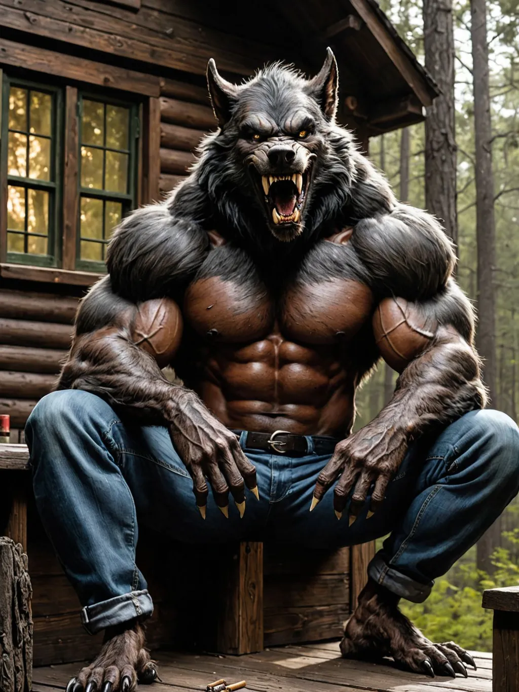 Prompt: A digital painting of a muscular anthropomorphic werewolf lounging on the deck of a wooden cabin in the woods. The werewolf is wearing jeans, smoking a cigar, and has dark fur with sharp teeth. The cabin is small, with a porch and a deck, surrounded by a dark and shadowy forest. Paint the scene in a realistic style with dark and muted colors, contrasting the green of the forest with the brown of the werewolf. Emphasize the werewolf's powerful physique, sharp teeth, and piercing eyes. Include details like the werewolf's claws and the smoke from the cigar. Focus on the symbolism of the werewolf as a symbol of strength and power.