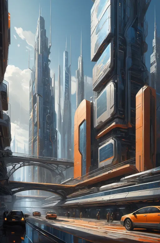 Prompt: In this creative illustration, the concept revolves around a futuristic cityscape with a focus on detailing the intricate structures and technologies that define its advanced state. The artistic style is inspired by the works of Syd Mead, known for his sleek and futuristic visions of urban environments. The color palette features a muted range of metallic grays, deep blues, and warm oranges to convey a sense of high-tech functionality and vibrant energy. The lighting is intense and directional, casting sharp shadows on the buildings' surfaces while highlighting their intricate details. The mood is one of optimism and hope, reflecting the city's progress and innovation. A metropolis with a complex network of transportation systems, communication towers, and energy grids. The setting is a bustling urban hub, thriving with activity as people and robotic entities move about in harmony. The time period is set in a dystopian future where technology has advanced beyond our current limits, and the season remains unspecified due to the city's climate control systems. The medium used is digital art software, allowing for smooth lines, crisp brushstrokes, and intricate patterns that reflect the city's advanced technologies. The genre is sci-fi, with a touch of cyberpunk, and the rendering style employs realistic techniques that convey the city's level of detail while maintaining a futuristic aesthetic.