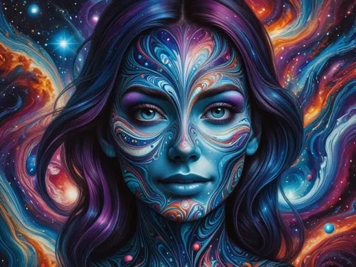 Prompt: A highly detailed portrait of a smiling woman with galaxy patterns glowing on their skin