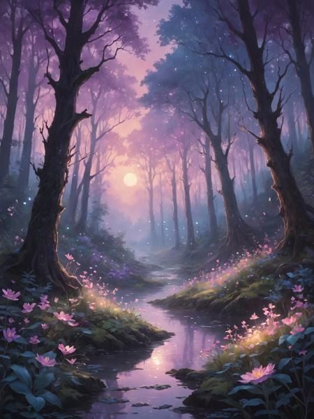 Prompt: high-resolution digital painting of a mystical forest transforming at twilight. The style is surreal and ethereal, reminiscent of the Romanticism era, emphasizing the sublime beauty of nature. The scene features glowing flowers, ethereal lights, and subtly visible mythical creatures. The color palette consists of twilight hues â purples, blues, and soft pinks, with glowing accents. Lighting is soft and ethereal, highlighting the magical transformation of the forest under the moonlight.