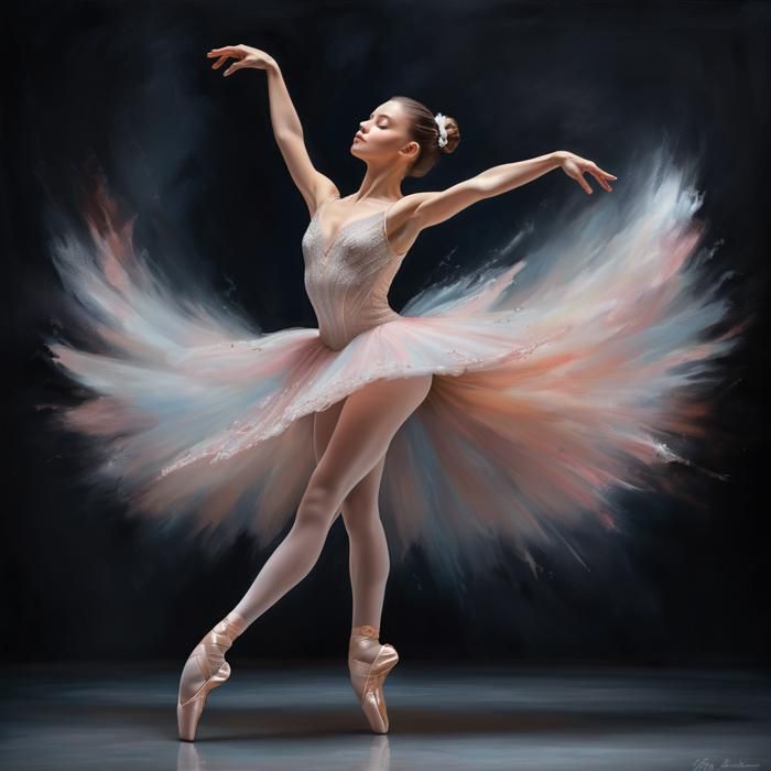 Prompt: Digital painting of a ballerina leaping into the air and performing a breathtaking grand jete, one leg forward and the other leg backward, forming a perfect split. As she soars through the air, her arms gracefully stretch out to the sides, creating a beautiful and dynamic line.  A display of both strength and elegance, capturing the essence of a ballet dancer's ability to combine power and grace in a single, fluid motion.  Style: Photorealistic with impressionistic flair. Swirls of soft pastel colors following the ballerina's movement.  High-contrast lighting, 4K resolution.  beautiful masterpiece, principal dancer, grand choreography, expressive, emotional.