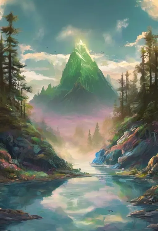 Prompt: Split-view digital artwork of a rocky mountain lake in fantasy style. The top half shows a lush forest on earth the shore under a blue, cloudy sky, while the bottom half reveals an underwater scene with weird alien life forms that have been hiding out on the rocky bottom of the lake, aquatic plants, and fish. The image is in green, blue, and brown tones, illuminated by sunlight from the upper right corner.  and weird alien glowing lights below the water.