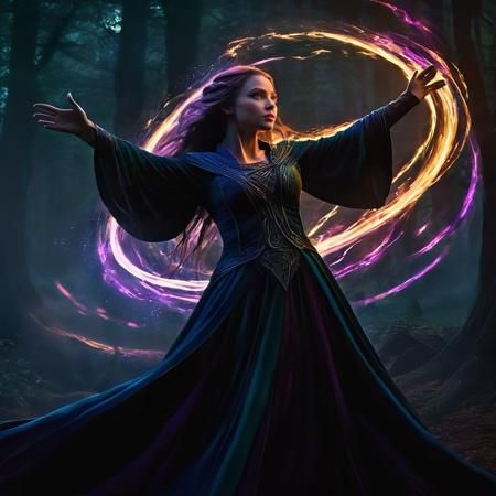 Prompt: A female elven warlock stands in an ancient forest her arms outstretched as she strains to control the magic she has summoned, a swirling vortex of rainbow colored light. (loosely braided brown hair), (bare midriff), The air is thick with anticipation, the world around her responding to the surge of energy emanating from her hands. Deep within the forest, shadows cling to tree trunks, their darkness punctuated by the ethereal light of the magic. The warlock's pose is deliberate and powerful, every muscle tense with focus as she maintains control over the chaotic vortex. The digital painting captures every minute detail: the lifelike textures of her robes, the magical light that accentuates her intense expression, and the intricate patterns that swirl around her like an otherworldly dance. The colors differences are striking, the bright magical light against the darkness of the forest at night, <lora:Dark Fantasy:1>Dark Fantasy - Gothic scene in a dark forest at night with pure black background with a horror atmosphere black shadows.