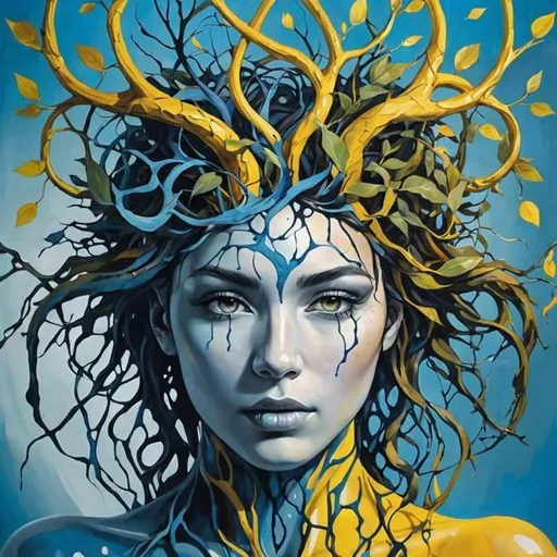 Prompt: A human-nature hybrid figure with branches growing from their head and leaves intertwining with their hair. The figure is set against a desaturated background, with vibrant yellow and blue colors highlighting their connection to nature. Elements of surrealism and magical realism blend together to create a sense of fantasy and intrigue. The composition is balanced, with a central focus on the figure. Detailed facial features in contrast with the fantastical nature elements, emphasizing the fusion of human and natural. The paint splatters and drips add a dynamic and organic feel to the artwork, echoing the theme of growth and transformation. This digital art portrays the unity of humanity and nature, exploring ecological consciousness and mythological connections.