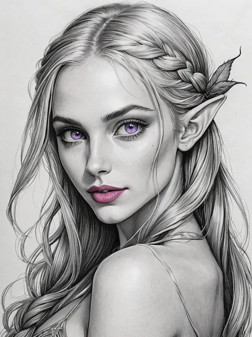 Prompt: 2d, sharp, cute  female drow elf, delicate skin texture, beautiful, graceful, feminine, mature, elegant, skin grain, fair skin, (beautiful eyes, detailed eyes, sparkling eyes:1.6), (long hair, loosely braided), (beautiful lips, detailed lips, full lips, rose colored lipstick:1.3), smiling, sketch portrait, (slightly pointed ears),  pencils, pencil H drawing on low grain white paper, hand drawn art, scumbling, extralines, clear lines, hatching, shadow, canvas <lora:add-detail-xl:1.1> (makeup:0.6)