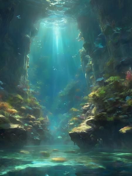 Prompt: Split-view digital artwork of a rocky mountain lake in fantasy style. The top half depicts an Earth-like lush forest on the shore under a blue, cloudy sky. The bottom half unveils an underwater scene with strange alien life forms hiding among the rocks, alongside unfamiliar aquatic plants and fish. The scene features green, blue, and brown tones, with sunlight streaming from the upper right corner and eerie alien glowing lights beneath the water.
