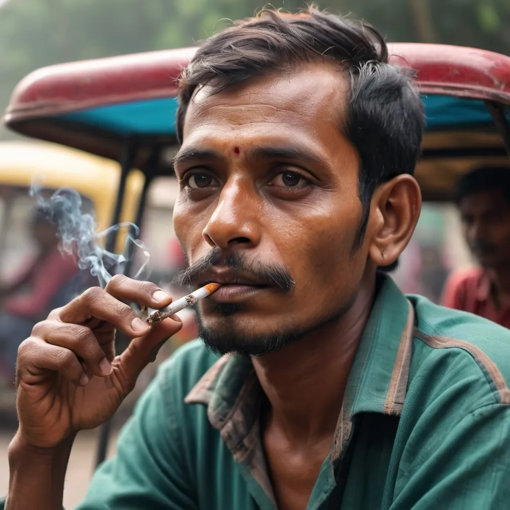 Prompt: A portrait of Bangladeshi rickshaw puller sitting on his rickshaws sit  and smocking with full vibes, blur background, 4k