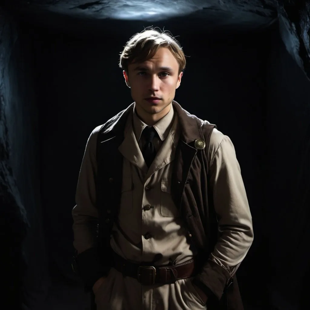 Prompt: William Moseley dressed as an explorer in a completely dark and black room against a solid back background, illuminated from an eerie dim light above, ghostly, surreal, full body from a distance