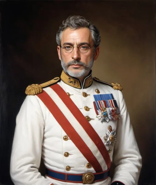 Prompt: Create a full body portrait of french actor Pio Marmai, His hair is blonde with a hint of early grey , often worn shorter, slightly dishevelled, His beard is lightly groomed and trimmed, His eyes are golden, he has light years, His face is oval in shape with prominent cheekbones, His nose is medium sized and well shaped. He has fine facial features , the first wrinkles are appearing on his face, he is wearing an imperial uniform with blue and gold ornaments, he has round golden eyeglasses, portrait in oil painting style

