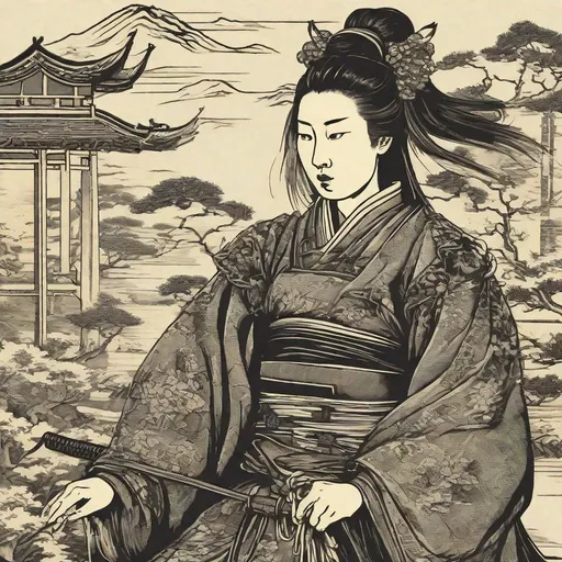 Prompt: A medieval woodcut of aN ANCIENT CHINESE SAMURAI WOMAN