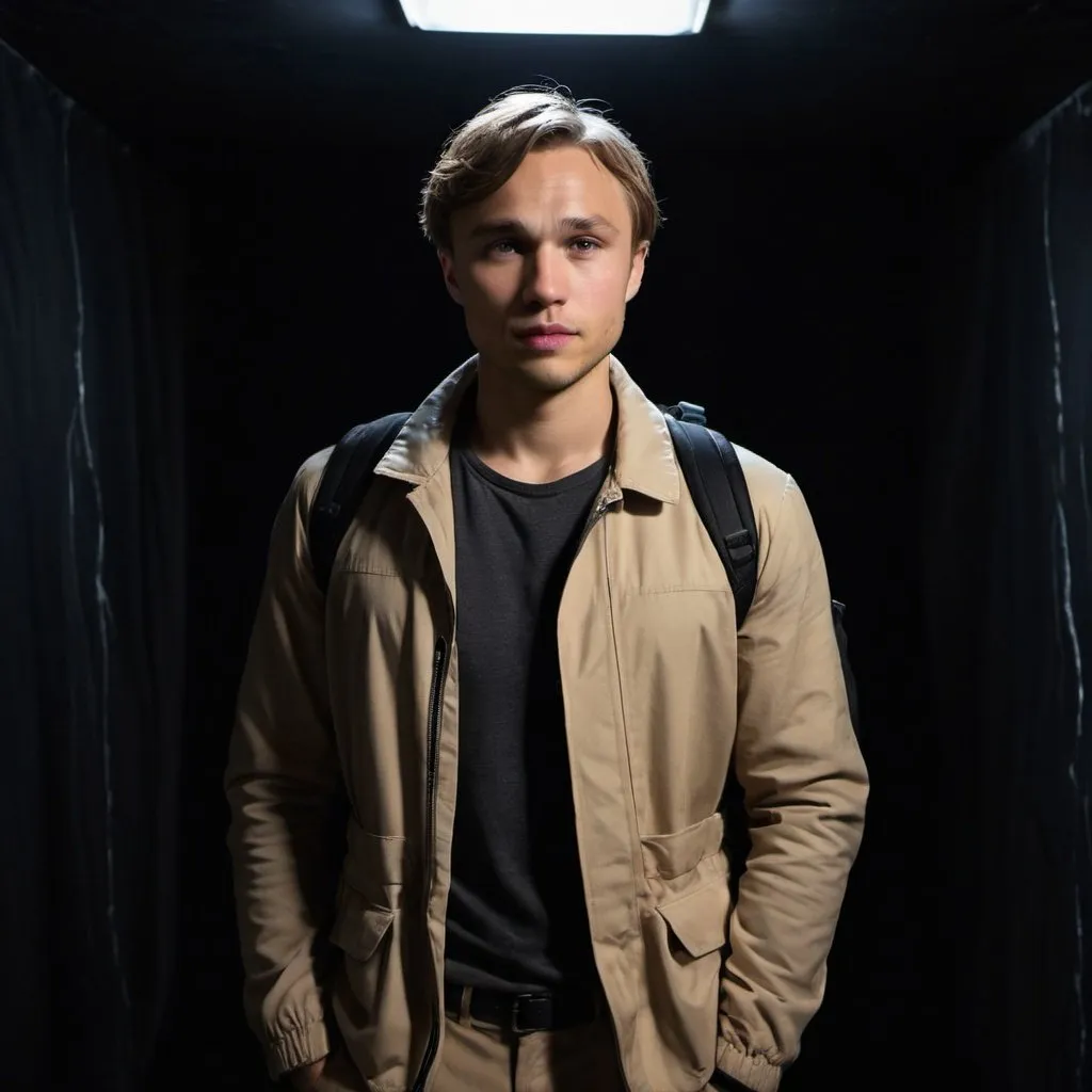 Prompt: William Moseley dressed as an explorerwith a beige jacket, backpack, in a completely dark and black room against a solid back background, illuminated from an eerie dim light above, ghostly, surreal, full body from a distance