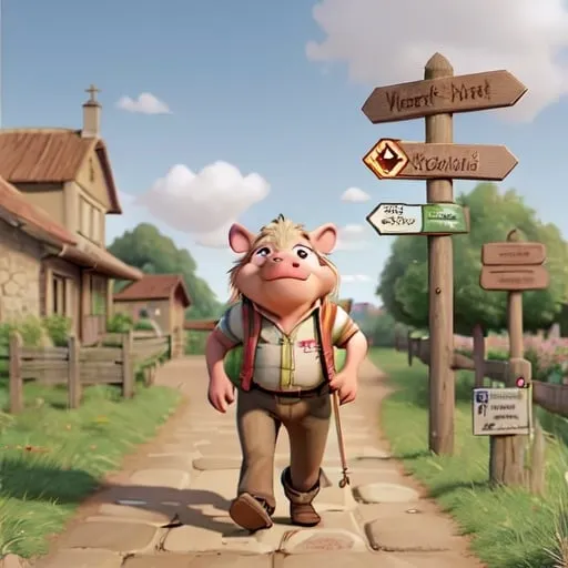 Prompt: a boar in trousers 
taking a walk to compostella and on the signposts you will see compstella and in te other directions "Westmalle" and "lille"
