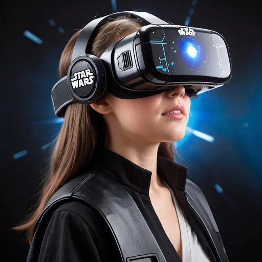 Prompt: Create an image of the Meta Quest 3 virtual reality headset, and add an extreme star wars design to the design of the headset. Include star wars themes such as bright colors, logos, etc. 
