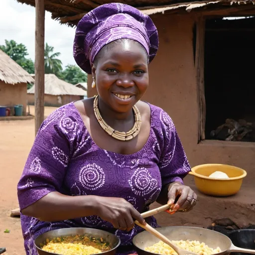 Prompt: Bamileke purple woman cooking diinner