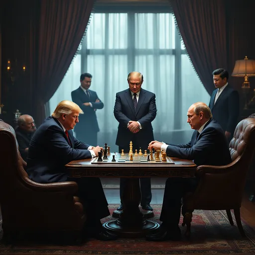 Prompt: Trump plays chess against Xi and Putin, To Lam, Metz watching. 
