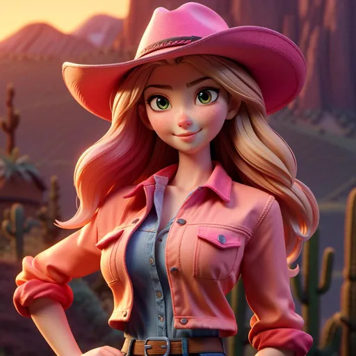 Prompt: <mymodel>Girl in a (stylish cowboy hat), standing confidently, (vibrant sunset) in the background casting warm orange and pink hues, her expression is (playful and adventurous), wearing a textured denim jacket, gentle breeze highlighted by her hair, terrain features (rolling hills) and distant silhouettes of (cacti), ultra-detailed, (high quality), inviting and empowering ambiance.