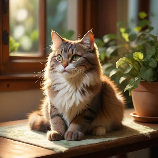 Prompt: cat (sitting peacefully on a table), cozy ambiance, warm light streaming through a nearby window, comfortable home setting, subtle shadows, soft focus background, detailed cat fur patterns, inviting atmosphere, calm demeanor, high quality, ultra-detailed, serene vibe, hints of greenery peeking from outside.