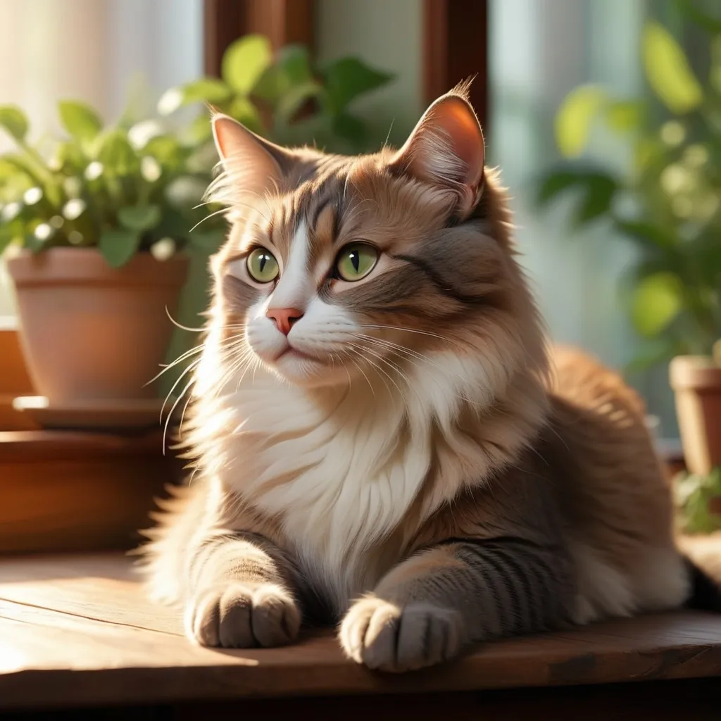 Prompt: cat (sitting peacefully on a table), cozy ambiance, warm light streaming through a nearby window, comfortable home setting, subtle shadows, soft focus background, detailed cat fur patterns, inviting atmosphere, calm demeanor, high quality, ultra-detailed, serene vibe, hints of greenery peeking from outside.