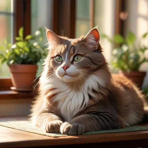 Prompt: cat (sitting peacefully on a table), cozy ambiance, warm light streaming through a nearby window, comfortable home setting, subtle shadows, soft focus background, detailed cat fur patterns, inviting atmosphere, calm demeanor, high quality, ultra-detailed, serene vibe, hints of greenery peeking from outside.