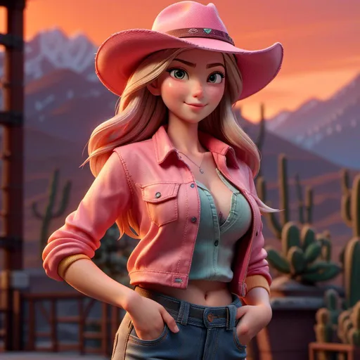 Prompt: <mymodel>Girl in a (stylish cowboy hat), standing confidently, (vibrant sunset) in the background casting warm orange and pink hues, her expression is (playful and adventurous), wearing a textured denim jacket, gentle breeze highlighted by her hair, terrain features (rolling hills) and distant silhouettes of (cacti), ultra-detailed, (high quality), inviting and empowering ambiance.