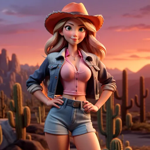 Prompt: <mymodel>Girl in a (stylish cowboy hat), standing confidently, (vibrant sunset) in the background casting warm orange and pink hues, her expression is (playful and adventurous), wearing a textured denim jacket, gentle breeze highlighted by her hair, terrain features (rolling hills) and distant silhouettes of (cacti), ultra-detailed, (high quality), inviting and empowering ambiance.