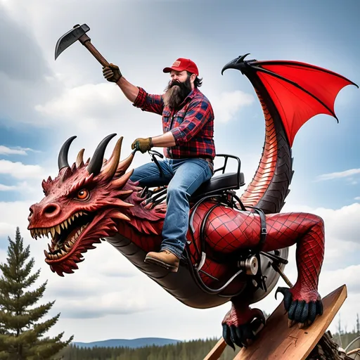 Prompt: Dad with black beard in blue jeans with red lumberjack flannel shirt riding a dragon flying through the air while 
welding an axe