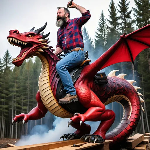 Prompt: Dad with black beard in blue jeans with red lumberjack flannel shirt riding a dragon flying through the air while 
welding an axe