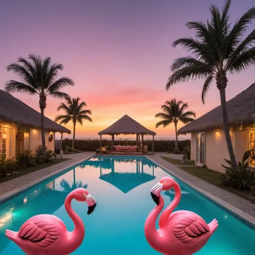 Prompt: 
**Descrição da Imagem:**

- **Tema:** Festa ao pôr-do-sol com um estilo tropical retro.
- **Cenário:** Uma piscina rodeada por palmeiras, boias em forma de flamingo, bolas de praia e outros infláveis. O céu deve ter um gradiente de cores vivas, do rosa profundo ao laranja e roxo, representando um belo pôr-do-sol.
- **Texto Principal:**
  - **Topo (Centro):** "Ferreira & Friends" (Texto em negrito e bem visível, centralizado no topo da imagem e sem cortes).
  - **Logo abaixo:** "Sunset Party" (Texto grande e destacado).
  - **Abaixo de "Sunset Party":** "Casa da Tía Tete" (Texto em menor tamanho, mas ainda visível).
  - **Rodapé:** "Sábado, 17 Agosto" (Texto claro e legível, posicionado na parte inferior da imagem).

**Estilo:** O design deve ser colorido, divertido e capturar o espírito de uma festa de piscina ao pôr-do-sol, com uma estética vibrante e retro.

