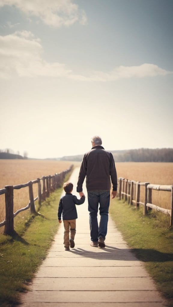 Prompt: Create an image of a father and son holding hand and walking shot taken from behind