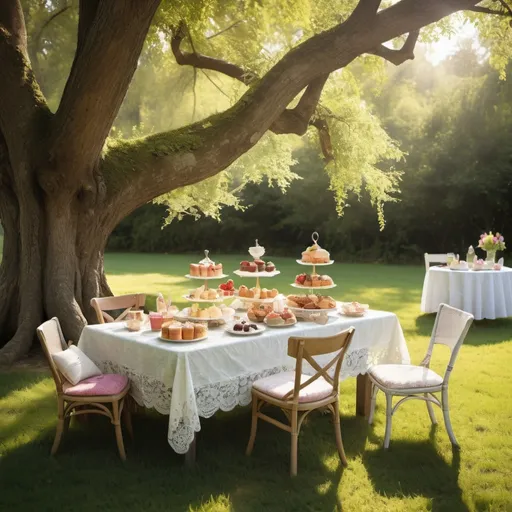 Prompt: This image depicts a serene outdoor scene under a large, old tree. A table is set with a white lace tablecloth, and it's laden with a variety of desserts, pastries, and drinks. The table is surrounded by mismatched, colorful chairs, each with a unique design. The soft sunlight filters through the leaves, casting dappled shadows on the grass and creating a warm, inviting atmosphere. The overall scene feels whimsical and reminiscent of a fairytale tea party in a peaceful, sunlit meadow.