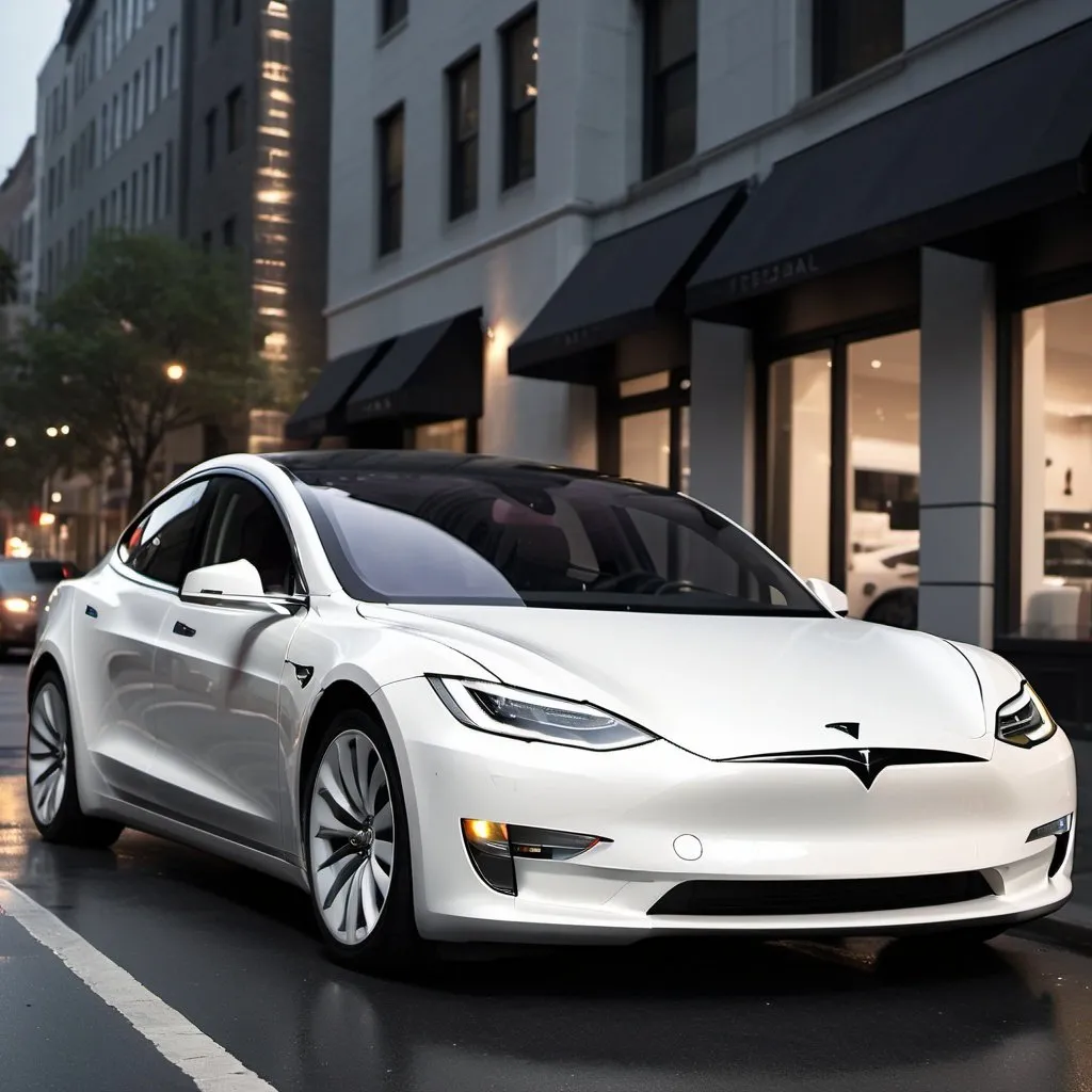 Prompt: Street scene with a white Tesla 3 parallel parked, high quality, ads-automotive style, busy city, urban setting, sleek design, modern architecture, professional, detailed reflections, city lights casting a cool glow, busy streets, highres, ultra-detailed, automotive, urban, sleek design, professional, atmospheric lighting