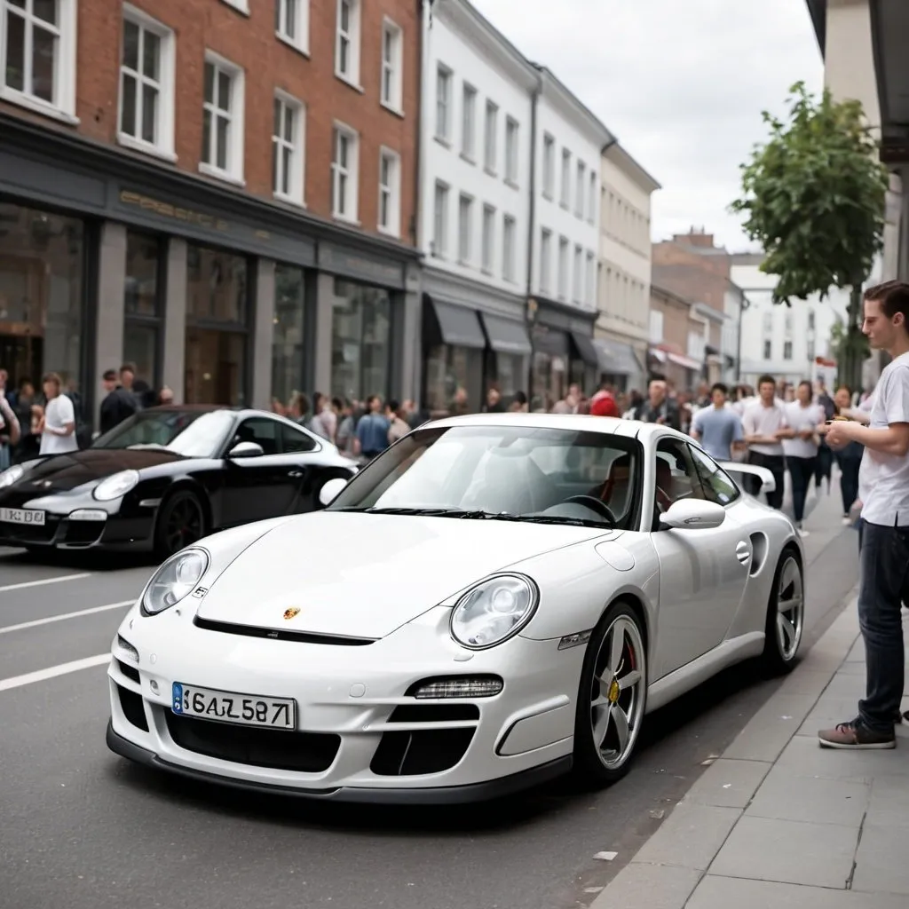 Prompt: white porsche 997 gt, urban street scene busy with people and cars.