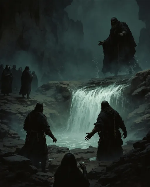 Prompt: "An atmospheric historical illustration showing bizarre ancient laws, like people being judged by being thrown into rivers, medieval trial by ordeal, or accused individuals facing strange punishments. The scene should include symbolic elements such as rivers, medieval judges, and anxious crowds watching. The style should be detailed and dramatic, with a muted, earthy color palette. No text, cinematic lighting, focus on mystery and absurdity of old justice systems."

