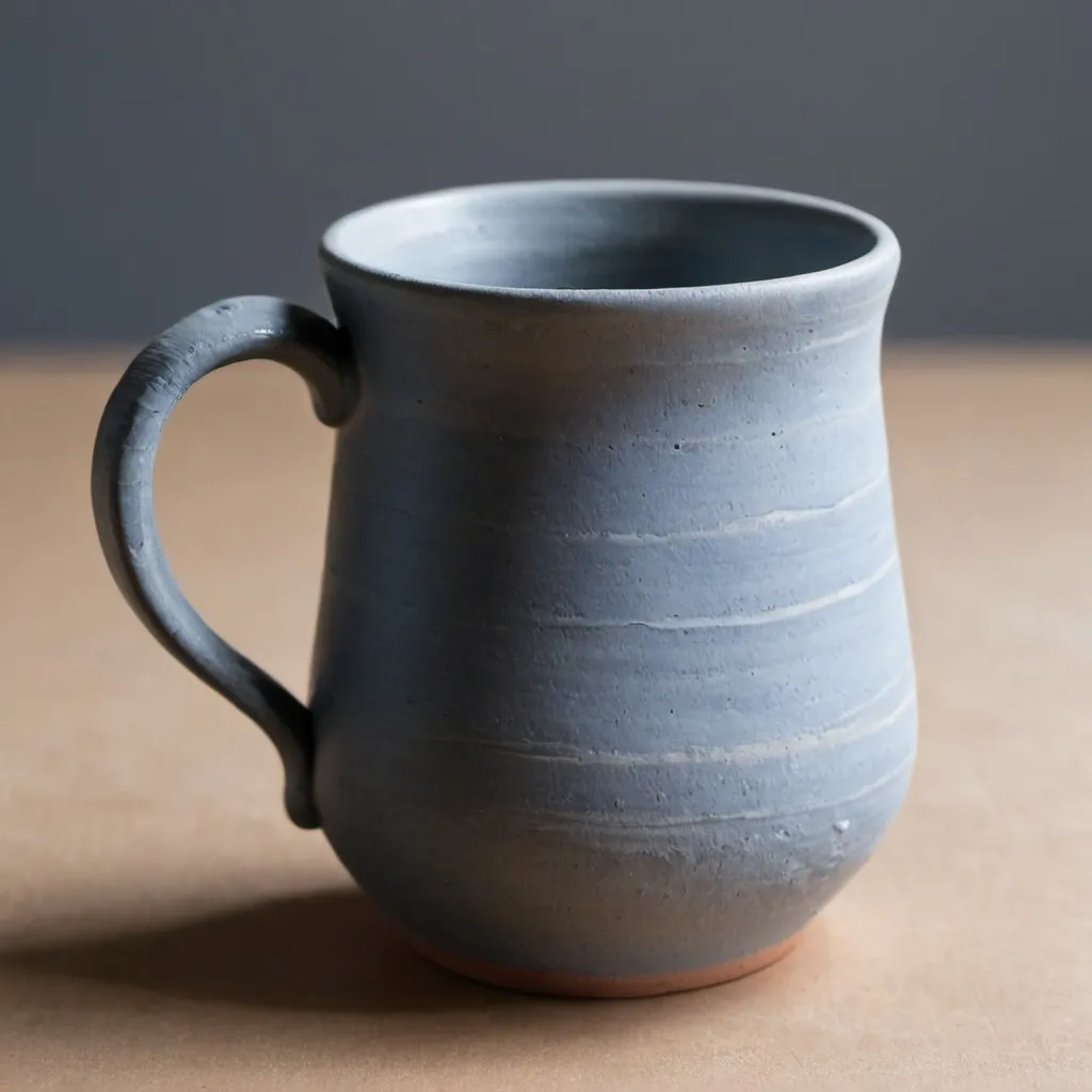 Prompt: A photo of a simple eartheware mug made from blue grey aluvial river clay