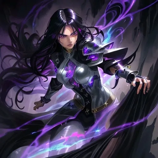 Prompt: Fantasy illustration of a female tomboy fighter, long black hair, intense and mystical purple power, magical fantasy style, detailed eyes and expression, flowing black hair, mystical aura, high quality, detailed, fantasy, brooding, intense purple power, magical, detailed hair, atmospheric lighting, full body, full suit of silver armor