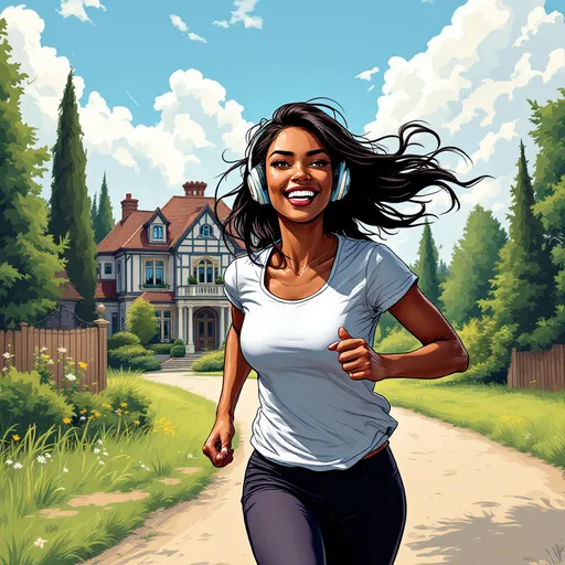 Prompt: a dark skin comic character lady looking happy jogging towards a mansion with mid length hair with headphones in her ears. 
