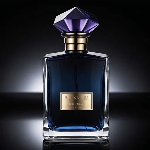 Prompt: luxurious niche fragrance bottle with a high-definition dark crystal look. The bottle is crafted from high-quality, dark-tinted crystal, exuding an aura of sophistication and mystery. It features clean, sharp edges and a sleek, modern design. The crystal is almost black, but it subtly reveals deep, dark hues of purple and blue when light passes through it, creating an enigmatic visual effect.The bottle is rectangular with a sturdy base, and its surface is smooth and polished, reflecting light beautifully. The front of the bottle has minimalistic yet elegant branding, featuring gold or silver lettering of the fragrance name and brand logo. The font used is stylish and refined, adding to the bottle's luxurious appearance.The cap is made of the same dark crystal material and is perfectly square, fitting seamlessly with the bottle's overall design. The cap has a subtle texture, perhaps a fine engraving or pattern that complements the bottle's aesthetics without overpowering it.Surrounding the bottle is a soft, ambient light that highlights the dark crystal's depth and clarity. The background is a gradient of deep blacks and blues, enhancing the mysterious and elegant vibe of the fragrance bottle. The overall setting is minimalistic, ensuring the focus remains solely on the exquisite bottle.