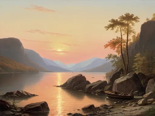 Prompt: a sunset over a body of water with a boat in the distance and rocks in the foreground and mountains in the distance, Bela Čikoš Sesija, hudson river school, sunset, a picture