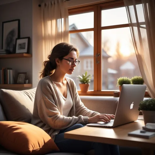 Prompt: (woman working on a computer), cozy home environment, (sofa) with cushions, warm ambient lighting, relaxed atmosphere, focused expression, modern decor, inspiring workspace, soft textures, vibrant colors, serene scene, ultra-detailed, HD, morning light filtering through a window, captivating simplicity.