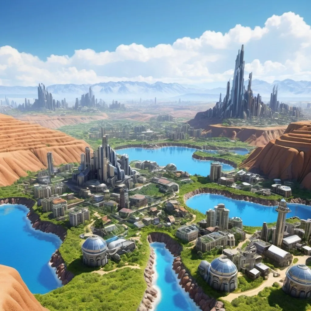 Prompt: town on terraformed pluto land with blue sky