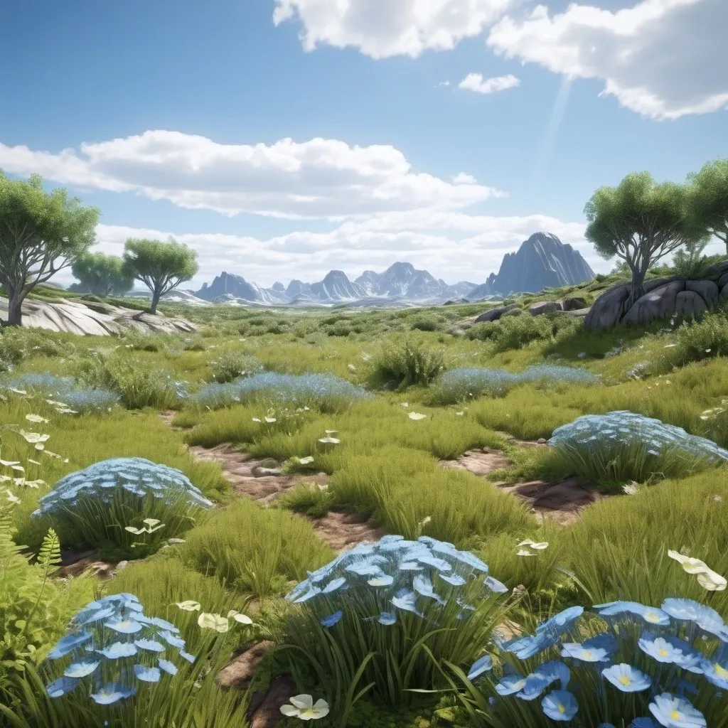 Prompt: meadow on terraformed pluto land with blue sky